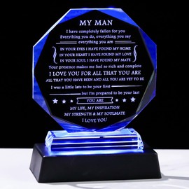 Movdyka to My Man Glass Plaque with LED Color-Changing Base & Engraved Keepsake, for Husband from Wife, Anniversary Birthday Christmas I Love You Gift for Him Boyfriend