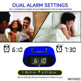Riptunes Loud Alarm Clock with Bed Shaker for Heavy Sleepers & Hearing Impaired - Dual Alarm for Bedroom Weekday and Weekend Settings USB Charging, Dimmer, Snooze
