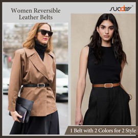 SUOSDEY Fashion Reversible Leather Belt for Women, Skinny Belt for Jeans Pants Dress Waist Belt with Gold Buckle black/brown