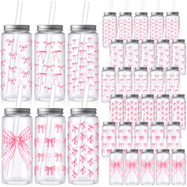 Skylety 30 Pcs Coquette Bow Aesthetic Cup Plastic Tumbler with Lids and Straws 13.5 oz Reusable Cute Plastic Cups for Women Sea Summer Birthday Bridal Wedding Party Supplies