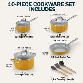 Cook N Home Pots and Pans Set Non Stick, 10-Piece Hard Anodized Nonstick Ceramic Cookware Set, Induction Cookware Cooking Set with Stay-Cool Handles, Nylon Kitchen Utensils, Yellow
