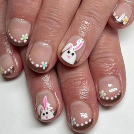 MIXFOSAHN Easter Press on Nails Short Square Fake Nails Brown Nude False Nails with Border Designs Rabbit Flowers Glossy Stick on Nails Glue on Nails Easter Nails Acrylic Nails for Women Girls 24 Pcs