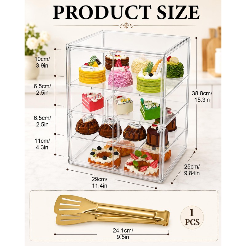 Pastry Display Case 4-Tier Countertop Bread Box with Double Magnetic