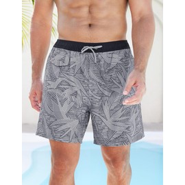 SILKWORLD Mens Swim Trunks Swim Shorts Quick Dry 6 inch Inseam Beach Shorts with Compression Liner and Zipper Pocket,Gray Black Leaf,M