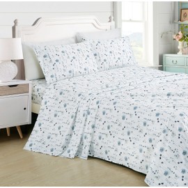 Chezmoi Collection Fran 3-Piece Floral Bed Sheet Set - Blue White Poppy Floral Watercolor Printed Microfiber 14-Inches Deep Pocket Sheets & Pillowcases Set, Twin