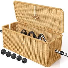 Cable Management Box,Handwoven Imitation Rattan Cord Hider Organizer Box with Lid，Power Cord Organizer for Home and Office