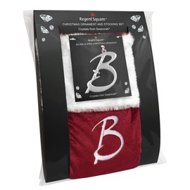 Regent Square 2021 Christmas Stocking & Ornament Set with Fine European Crystals, 18” Monogram Stocking and Silver Plated Monogram Ornament, Xmas Gift Set for Holiday- Letter B
