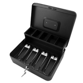 Flexzion Money Cash Box with Key - Money Box for Cash Businesses Cashier - Cash Box with Lock Key Spring Loaded Bill Clip with Coin Slots Safe Box for Money