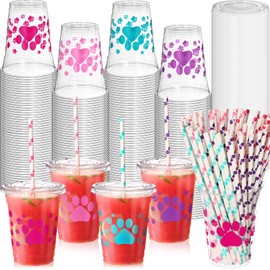 Mifoci 300 Pcs Colorful Dog Paw Plastic Cups Bulk with Flat Lids and Straws Set 12 oz Puppy Paw Plastic Cups Clear Drink Disposable Cups with Lids for Dog Puppy Paw Baby Shower Party Favors