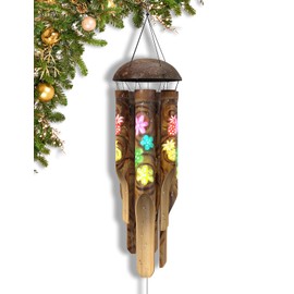 Nalulu Piney Bamboo Wind Chimes - Outdoor Wood Wooden Windchimes, Tropical Design with Coconut Crown, Handcrafted with Calming Deep Tones, Ideal Home Decor or Gift for Any Occasion