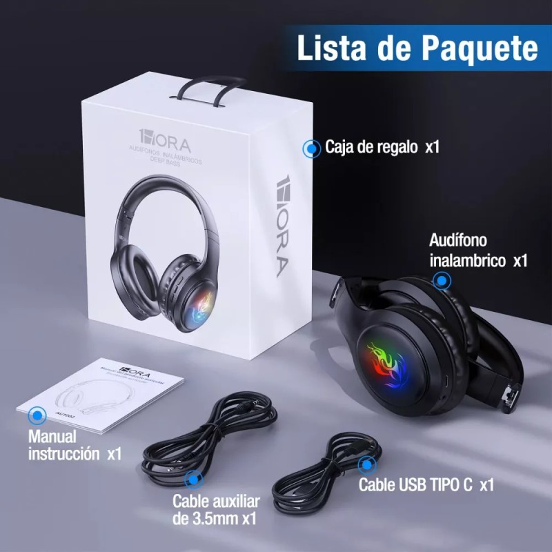 1Hora Audífonos Inalámbricos 1hora Diadema Bluetooth Aut202 Color Negro Luz