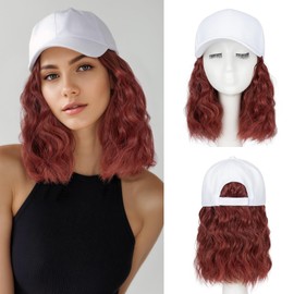 S-noilite Hat Wigs for Women White Baseball Cap with Synthetic Hair Extensions Short Wavy Wigs Adjustable Hat with Dark Auburn Hair Daily Wear（8Inch）