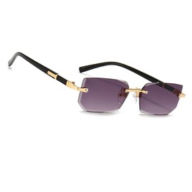 MEGAVOW Frameless Rectangle Sunglasses, Glasses Strap, Vintage Retro Glasses for Men Women, Diamond Cut Lenses, Sunglasses with Tinted, gray