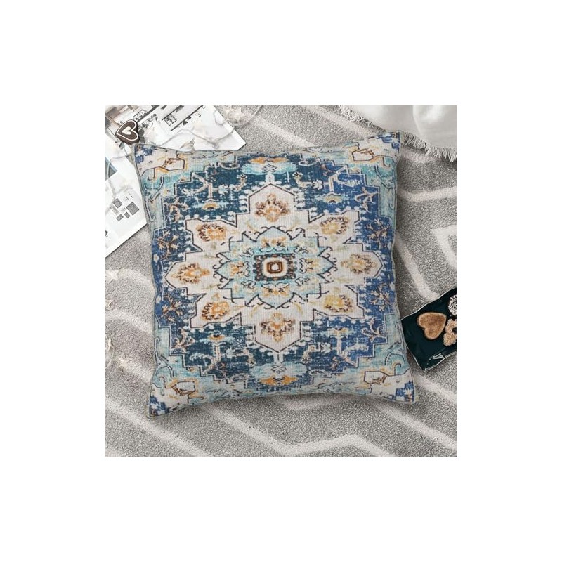 Throw Pillow Cover, Boho Style Ethnic Design Pattern Linen Carpet,