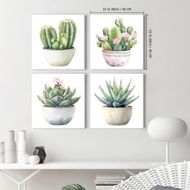 Cactus Succulent Wall Art Sage Green Bathroom Wall Decor, Tropical Plant Botanical Pink Flower Canvas Prints for Living Room Bedroom Bathroom - Ready to Hang - Framed, Set of 4, 16x16Inch