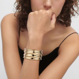 HZMAN 7.0Inch Chunky Bracelets for Women Thick Wide Bangle Bracelet High Polished Irregular Open Hinge Wrist Cuff Bracelet Jewelry Gift (Gold)