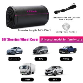 Ziciner Genuine Leather Steering Wheel Cover, Stitch on Wrap, Breathable Anti-Slip Car Steering Wheel Protector for Max Diameter 15 Inch, DIY Sewing with Needle Thread (Black, Glossy)
