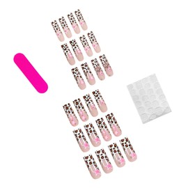 Cheetah French Tip Press on Nails Coffin Fake Nails Long Brown False Nails with Charm Metal Balls Designs 3D Pink Star Nails Press on Acrylic Nails Glossy Full Cover Y2K Stick on Nails for Women Girls
