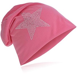 Jersey Slouch Beanie Long Hat Star with Rhinestone Star Appliqué, pink
