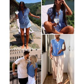 Yimoon Women Sleeveless Crop Open Knit Cardigan Chunky Open Front Button Down Crochet Sweater Vest with Pockets(Blue-S)