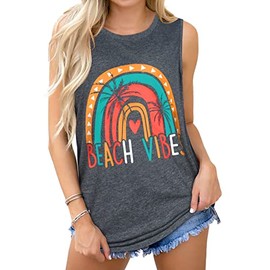 Summer Tank Tops for Women Graphic Rainbow Sleeveless Casual Loose Blouse(Deep Gray Beach, L)
