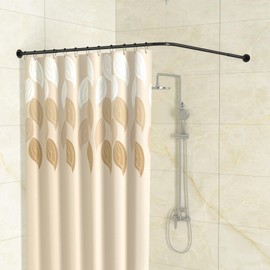 Yampos L Shaped Corner Shower Curtain Rod, 39"-69" x 55"-85" Adjustable 90 Degree Curved Bathroom Rod 304 Stainless No Sag with 12 Hooks & Ceiling Support - Black
