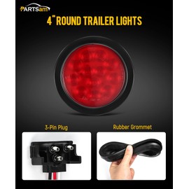 Partsam 6Pcs 4 Inch Round LED Trailer Tail Lights Kit - Round Led Stop Turn Tail Back-up Reverse Fog Lights 12 LED Include Lights Grommet 3-Prong Wire Pigtails for Truck Trailer RV(4 Red + 2 White)