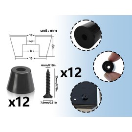 ZoeTekway Pack of 12 Black Rubber Feet for Chopping Boards with Stainless Steel Screws, Rubber Buffer Screw-On Rubber Feet, Round Rubber Feet, Screw-On for Most Furniture Appliances (19 x 15 x 17 mm)