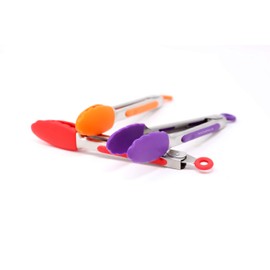 Kitchenova Mini Silicone Tongs Set of 3 (purple, orange and red), 7-Inch