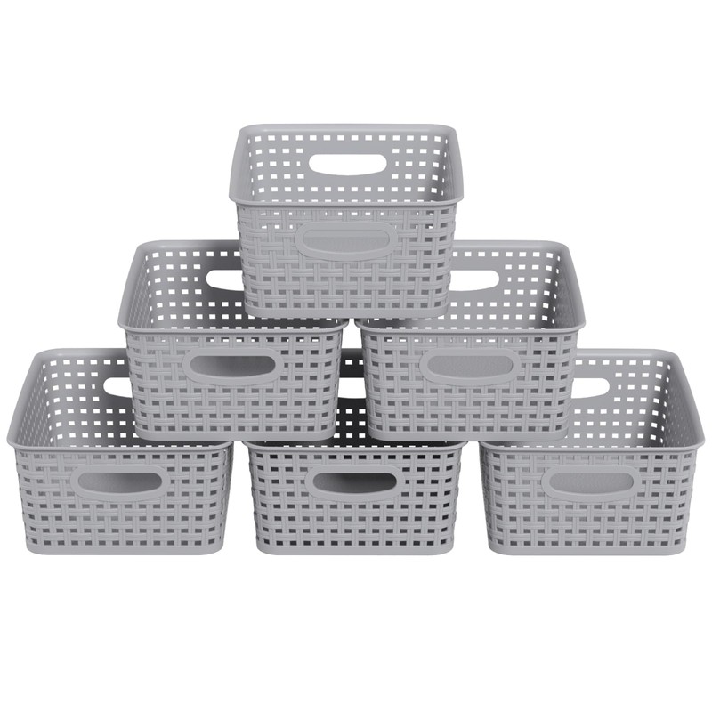 Knifefish 6-Pack Plastic Woven Baskets, Rectangular Rattan Basket for Organizer