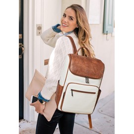 tiamyi leather travel backpack for men and women, flap top laptop backpack fits 17.0 inch computer with luggage strap and separate padded compartment, beige