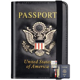 Herain Passport Holder Wallet Cover for Men Women Family, Metal US Badge Passport Case Passport Book Holers with RFID Blocking, Travel Essentials Cruise Accessories Must Haves