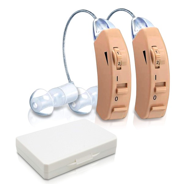 Dual BTE Hearing Enhancement Device - Behind The Ear Wireless Hear Sound Amplifier - Volume Control, - Filters Noise - Listening Kit Accessories 3 Earbuds / Tips, Case, Battery - Pyle PHLHA46