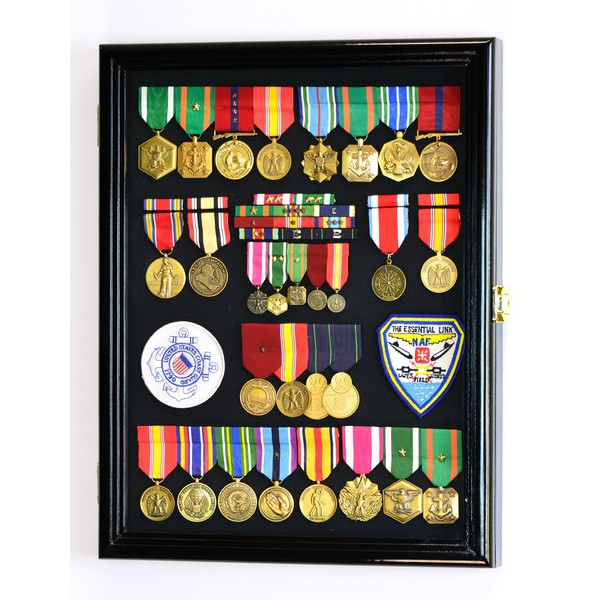 Military Medals, Pins, Badges, Patches, Insignia, Ribbons, Flag Display Case Shadowbox Cabinet Pinnable Background - Lockable, Black