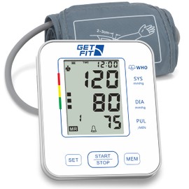 Get Fit Blood Pressure Monitor CE Approved UK for Home Use - Medical Upper Arm Blood Pressure Machine - Heart Rate Monitor - Hypertension Detector - Adjustable 22-42cm Large Adult Cuff - LCD Display
