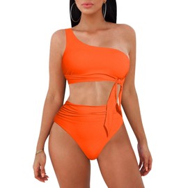 Pink Queen One Shoulder Swimsuits for Women Tie Push Up Ruched High Waist Bikini Set Two Piece Bathing Suit Orange