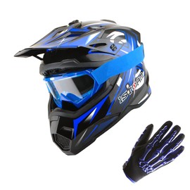 1Storm Adult Motocross Helmet BMX MX ATV Dirt Bike Helmet Racing Style Glossy Blue; + Goggles + Skeleton Blue Glove Bundle