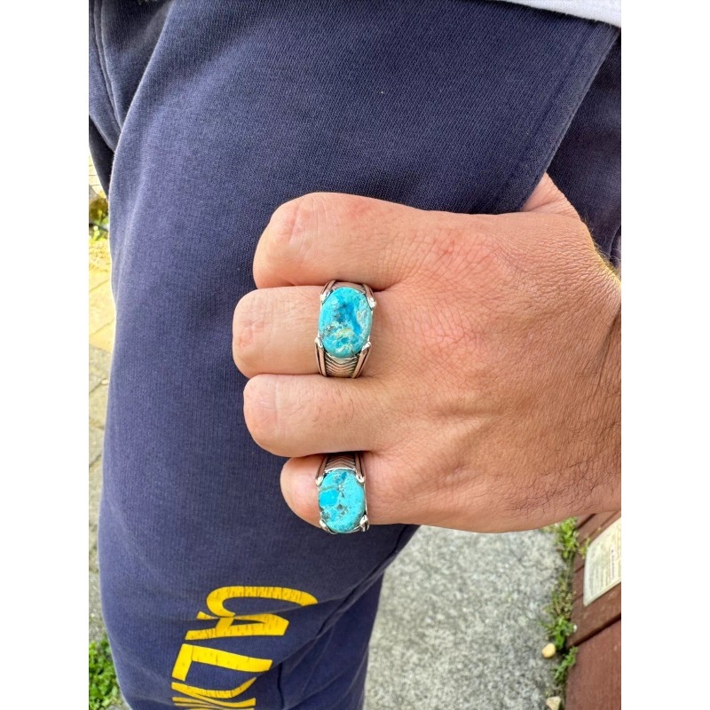 HarlemBling Blue Genuine Turquoise Mens Real Solid 925 Sterling Silver