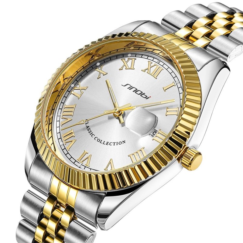 SINOBI Classic Stainless Steel Calendar Watches for Men(Silver-Gold)