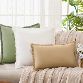 ZWJD Pillow Covers 24x24 Set of 2 Cream Throw Pillow Covers with Fringe Chic Cotton Decorative Pillows Square Cushion Covers for Sofa Couch Bed Living Room Farmhouse Boho Decor