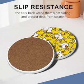 Yellow Duck Set of 6 Coasters Absorbent Ceramic Drink Mats with Cork Base & Metal Holder, Spill Protectors for Mugs/Cups, Cheerful Home/Bar Decor
