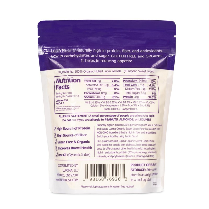 Lupina Organic Gluten-Free Lupin Flour –16 oz- High-Protein, High-Fiber, Low-Carb