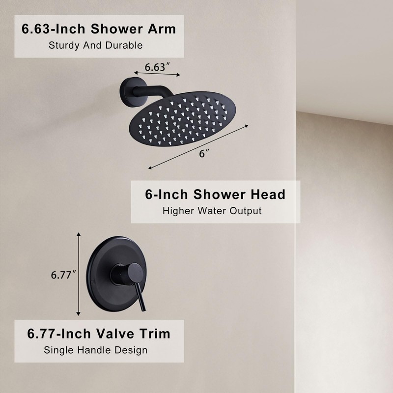 HUCKLE Shower Faucet Set with Shower Head, 6-Inch Black Shower