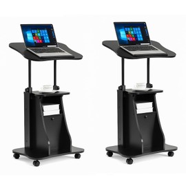 Tangkula Mobile Laptop Podium, Height Adjustable Sit to Stand Desk with Tilting Desktop & Storage Cabinet, Ergonomic Rolling Lectern Cart Laptop Desk, Office Podium Stand on Wheels