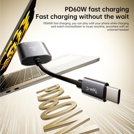 biaze USB‑C to 3.5 mm Headphone & Charger Adapter – 60 W PD Fast Charging, Hi‑Res DAC, Call‑Ready, Compact Aluminium Splitter for Phone/Android/Tablet