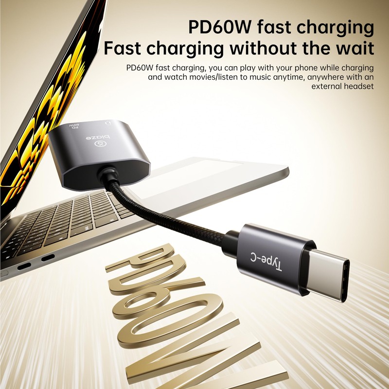 biaze USB‑C to 3.5 mm Headphone & Charger Adapter – 60 W