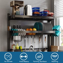 Over Sink Dish Drying Rack, Loyalfire 3 Tier Full Stainless Steel Adjustable Length (20.87''~37.6'') Large Storage Kitchen Dish Drainer Rack, Expandable Shelf Rack with Utensil Holder, Cup Hanging Set
