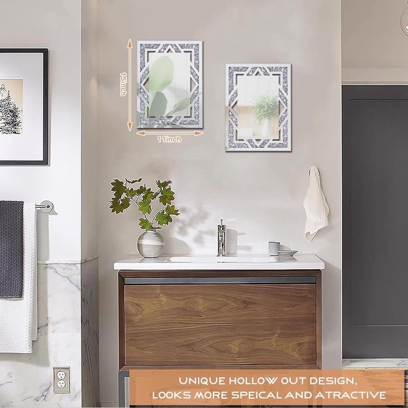 2 Piece Rectangular Hollow Crushed Diamond Decorative Mirror, Silver Crushed