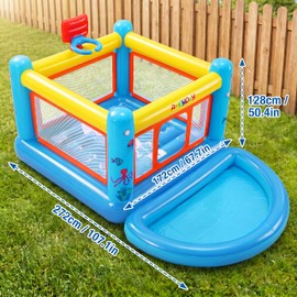 AKEYDIY Bounce House for Kids 3-6, Small Inflatable Bounce House PVC with Basketball Hoop & Hopscotch Game for Indoor/Outdoor Play (Small Bounce House with Ball Pit)