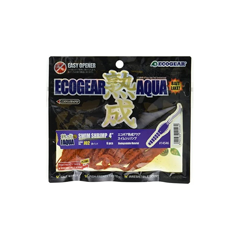 Ecogear Worm Aged Aqua Swim Shrimp, 4-Inch Lure, #J02 Red